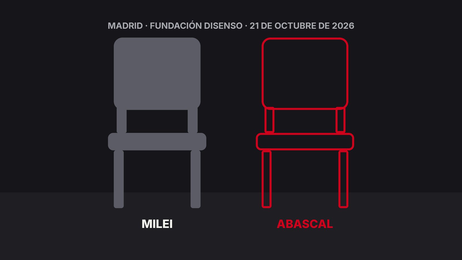 Ilustración de dos sillas: la de Milei ocupada y la de Abascal vacía